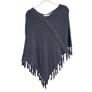 Vintage Pierre Cardin Cable Knit Poncho Shawl Fringe Black Size Small EarthyBoho